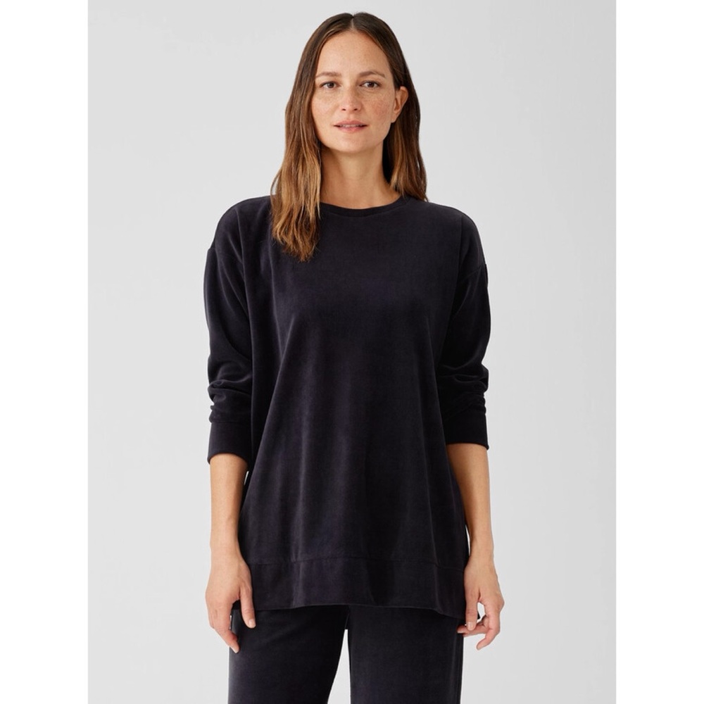 Eileen Fisher Organic Cotton Velour Crew Neck Long Top Boxy Blue Minimal Plush